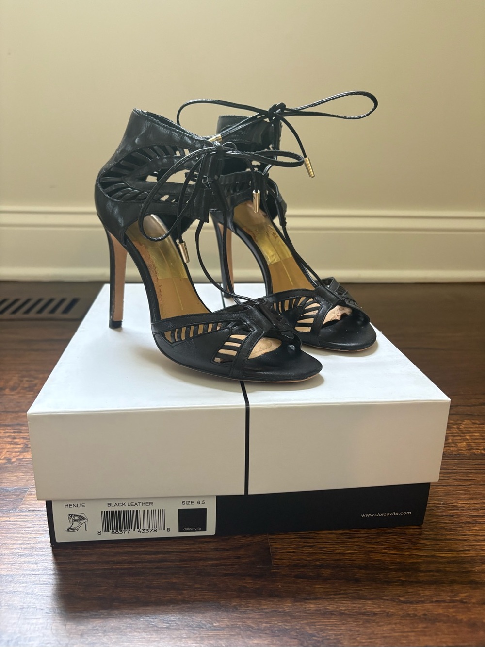 Dolce Vita Henlie Black Leather Lace-Up Cutout High-Heel Sandals- 6.5
